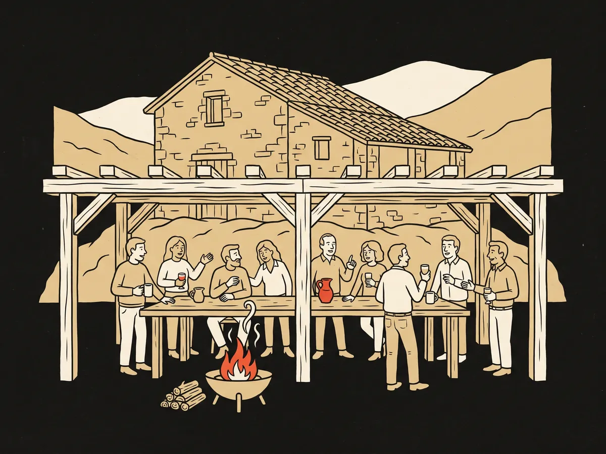 Ilustración IA: un equipo reunido delante de una casa de campo