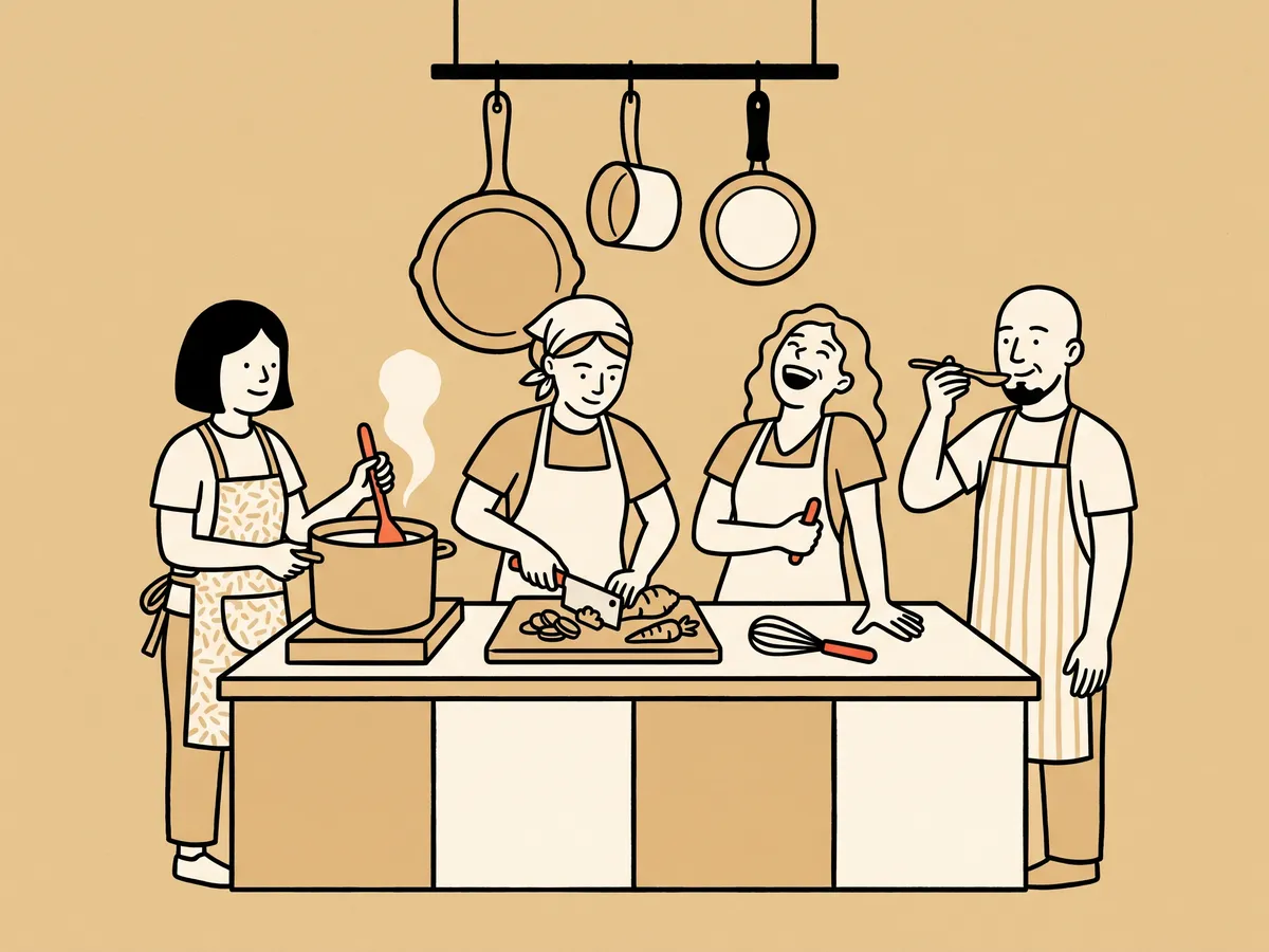 Ilustración IA: un equipo cocina junto alrededor de una mesa