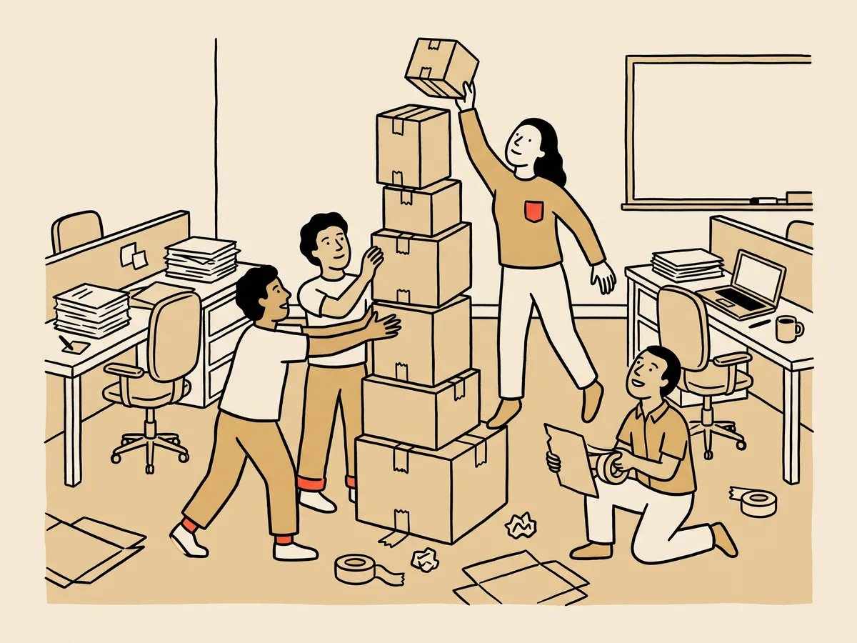 Ilustración IA: un equipo juega a un reto en una sala de oficina